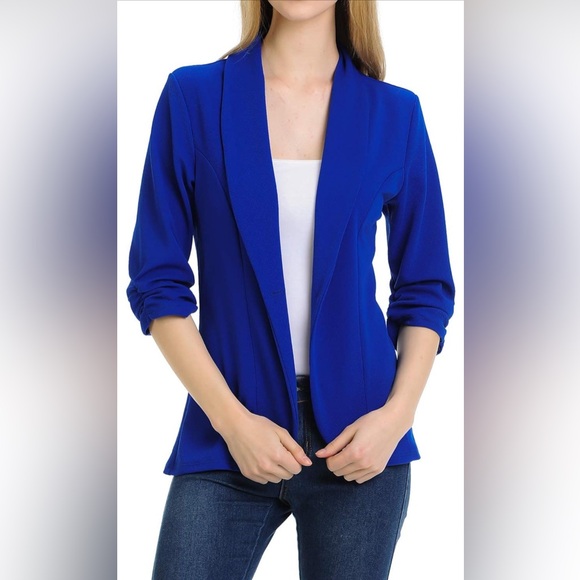 MINEFREE Women's 3/4 Ruched Sleeve Lightweight Work Office Blazer Jacket - Picture 1 of 13